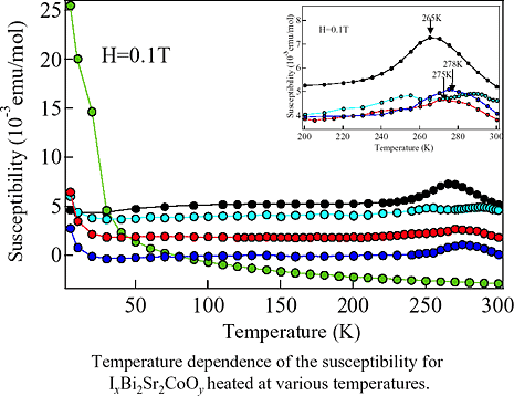 Temperature dependence of the susceptibility for IxBi2Sr2CoOy heated at various temperatures.